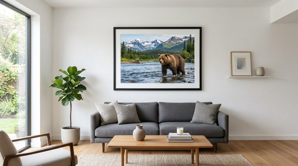 Modern home interior with a stunning nature poster of a wild