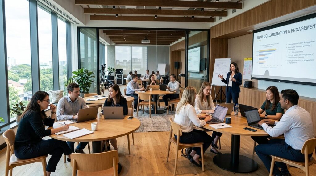Wide shot of a training workshop room with 8-10 professional