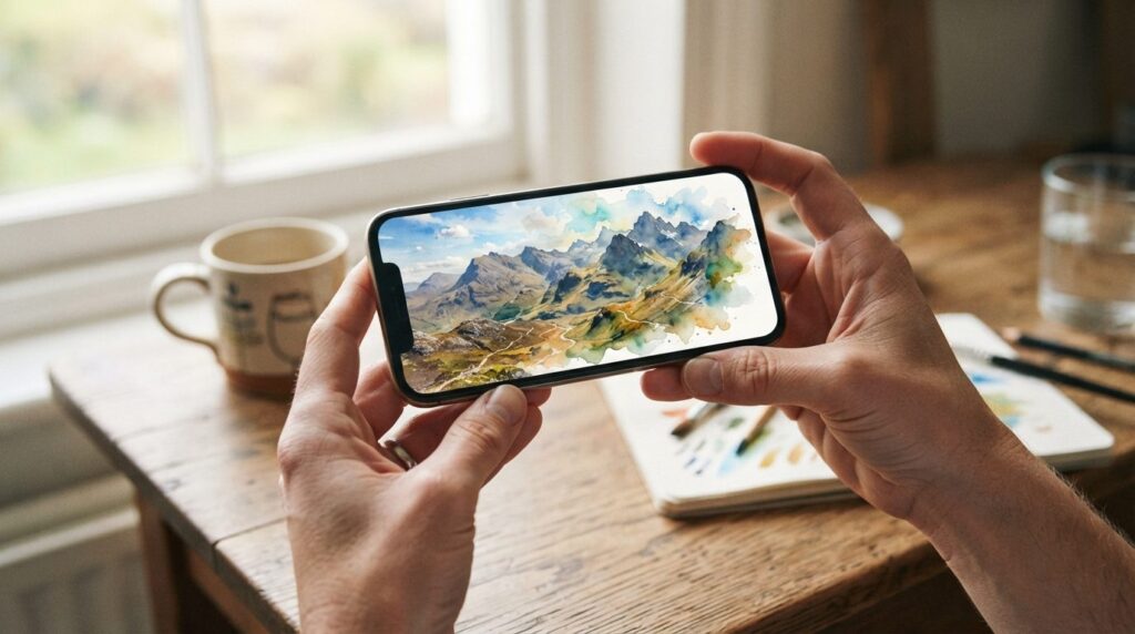 Close-up of hands holding a smartphone displaying a travel p