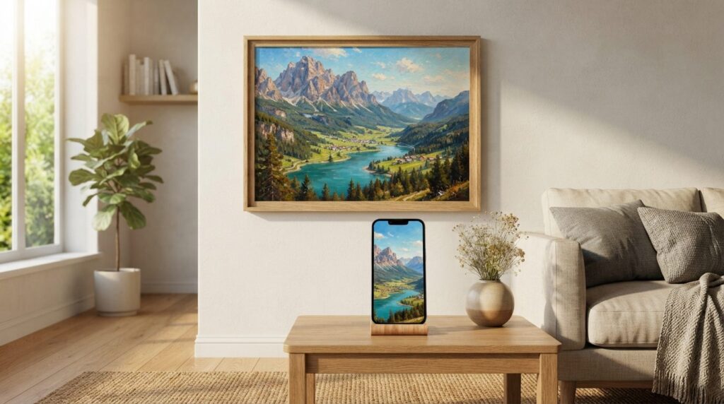 A beautifully framed landscape painting hanging on a living