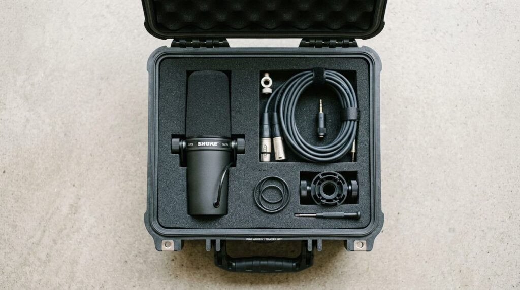 Close-up of professional studio microphone with shock mount