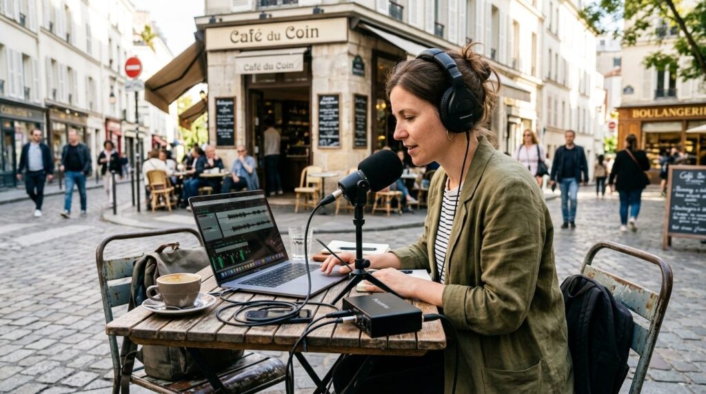 Creative professional at outdoor café location with portable