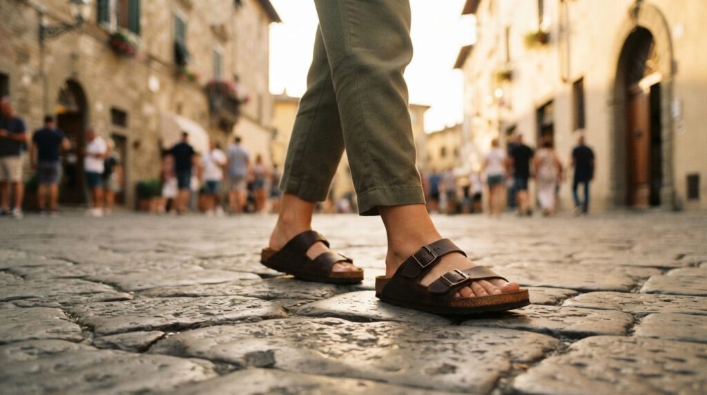 Lifestyle travel photography, close-up of a travelers feet 