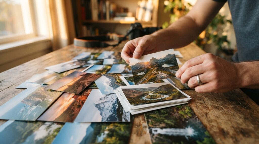 Close-up of a photographers hands selecting best travel pho