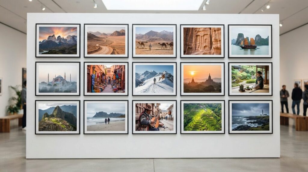 Diverse portfolio of curated travel photography images displ