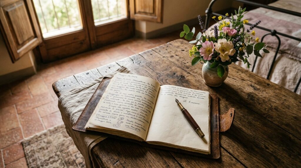 Intimate overhead shot of an open journal and pen on a weath
