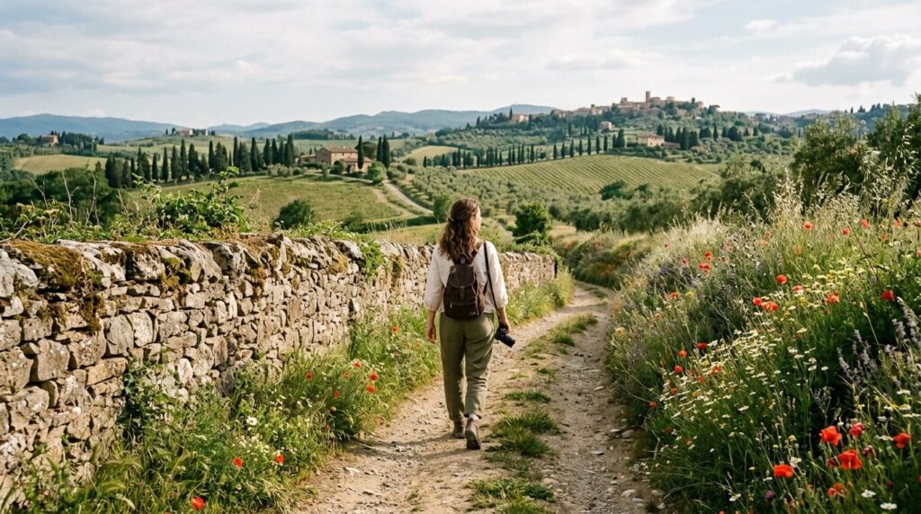 Wide shot of a solo traveler woman walking along a quiet cou