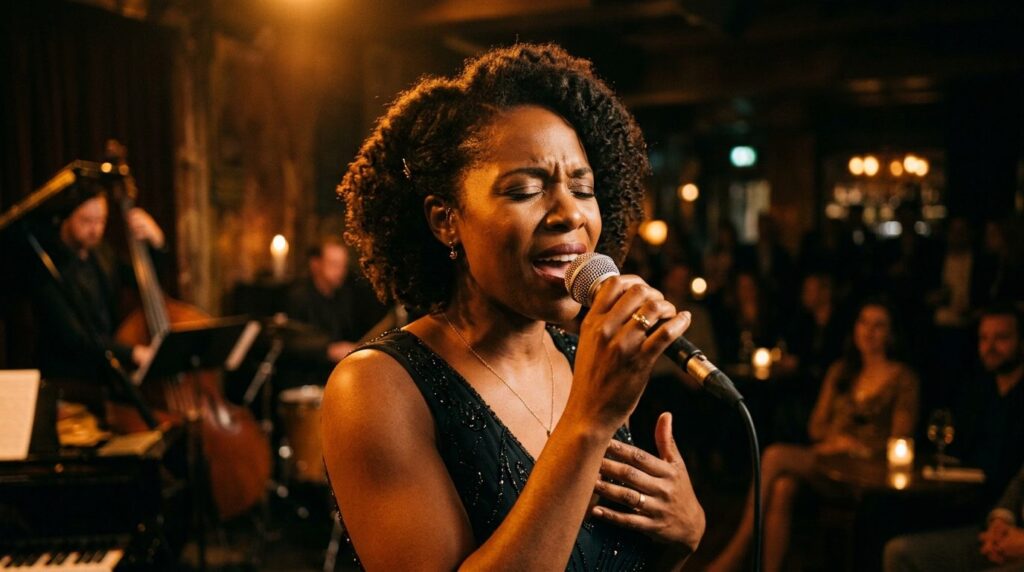 Close-up of female jazz vocalist with eyes closed during emo