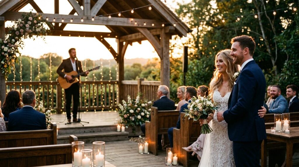 Bride and groom watching professional male singer perform at