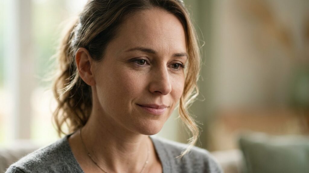Close-up portrait of a sensitive womans face showing contem