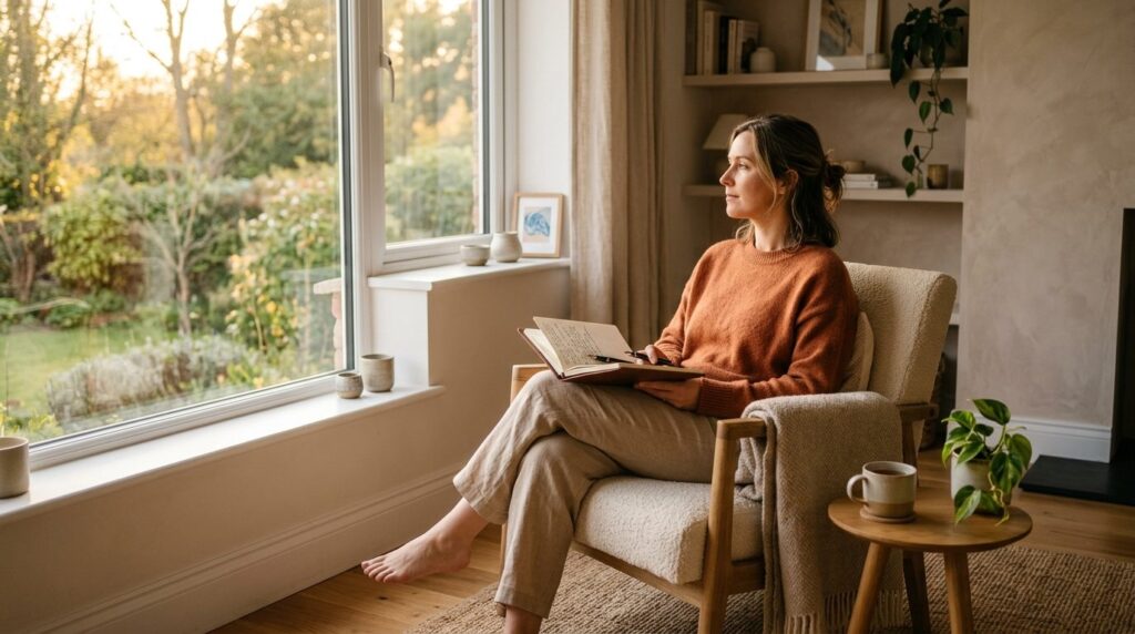 Serene image of a highly sensitive person sitting in a comfo